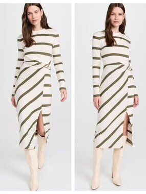 Tanya Taylor Cody Midi Dress in Cream/Fern Wide Stripe